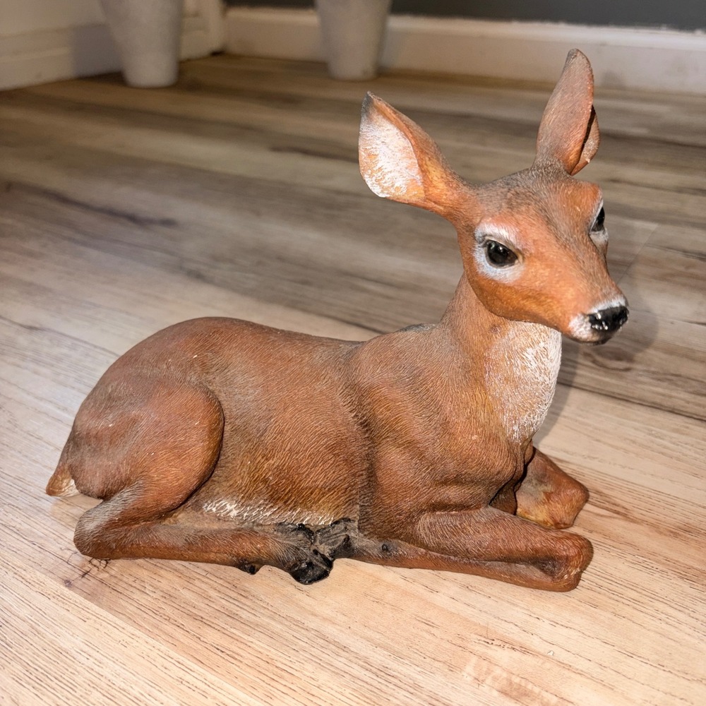 Realistic Resting Deer Figurine Bedded Doe Resin Woodland Sculpture Brown 9.5in